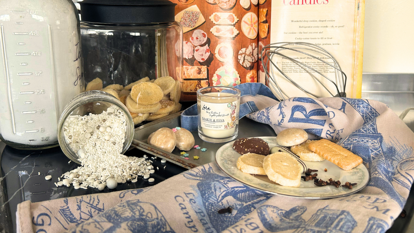 Candle beside baking ingredients and utensils on a table with a patterned cloth.