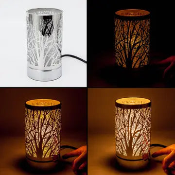 Decorative lamp with tree branch design in four different lighting conditions.